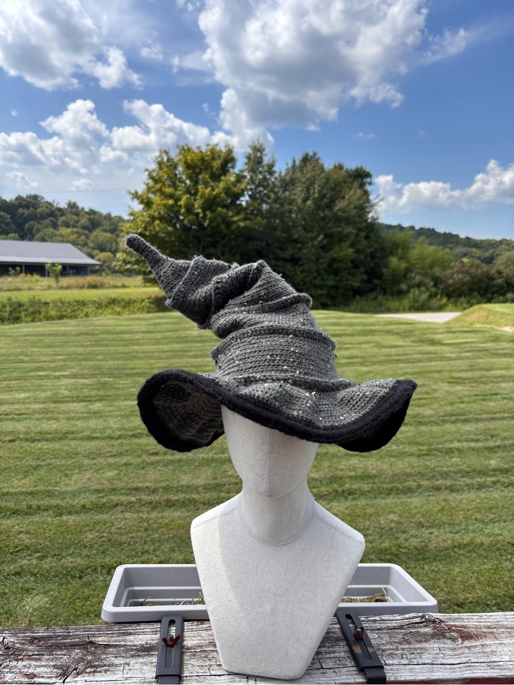 Hand Crochet Green tweed Pointed Witch Hat
